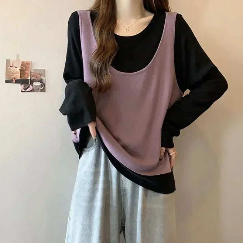 Весенне-осенние повседневные контрастные лоскутные футболки с длинным рукавом и