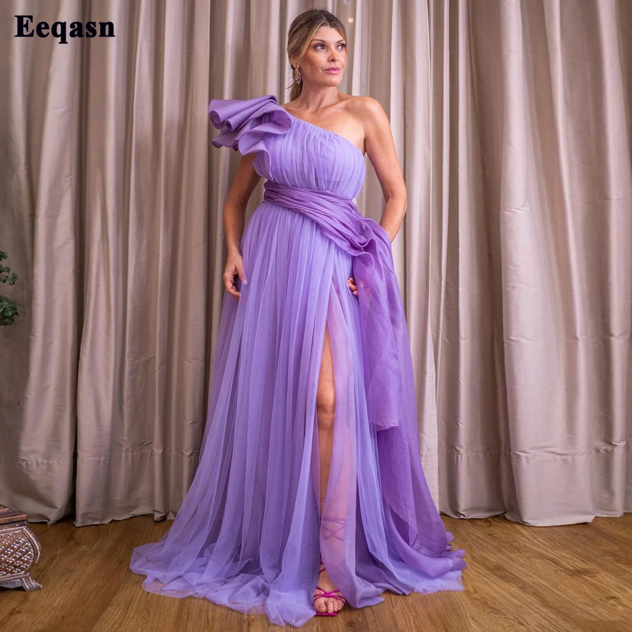 

Eeqasn A Line Tulle Women Prom Dresses Lavender Special Occasion Party Dress One Shoulder Pleats Slit Long Formal Evening Gowns