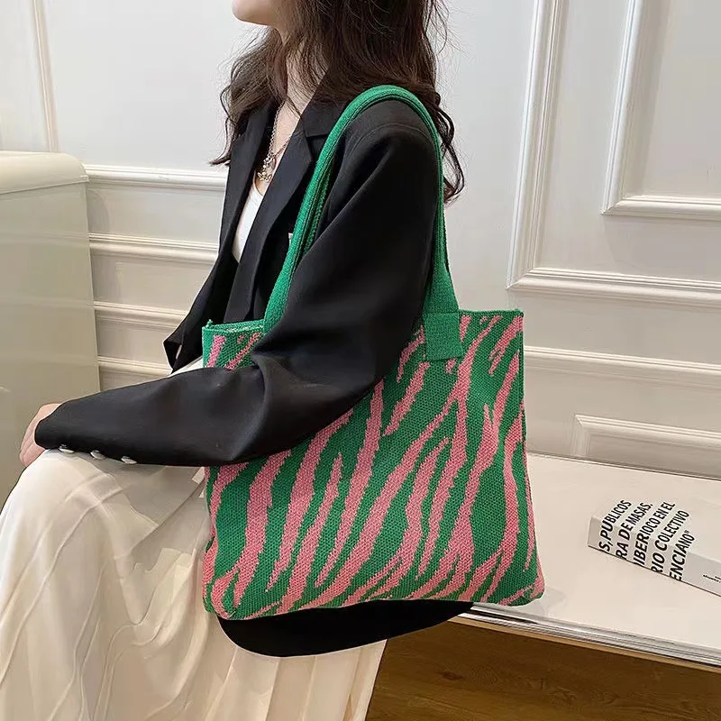 The New 2023 Knitting Bag Fashion One Shoulder Bag Striped Bag Large Capacity Tote Bags Handbag Restoring Ancient Ways Purses