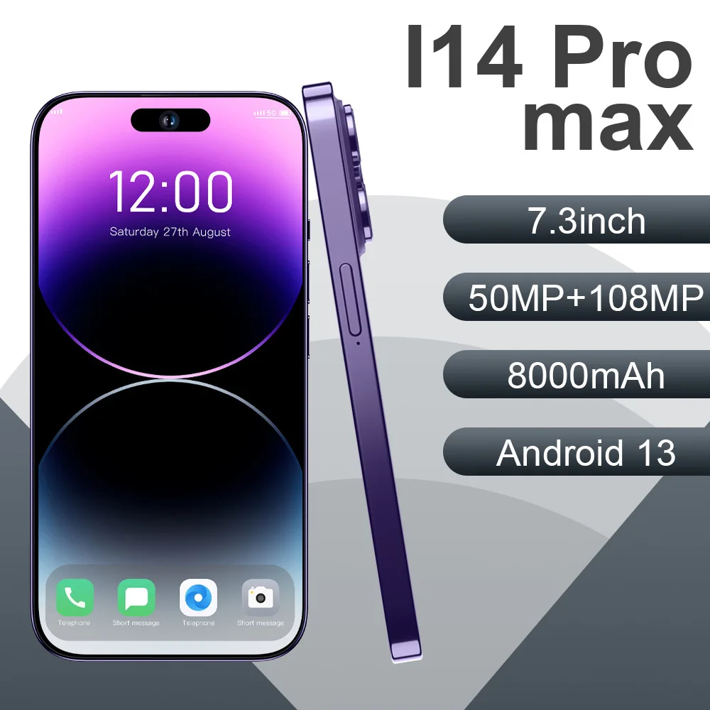 

Global Version i14 Pro Max Smartphone 7.3 inch Full Screen Face ID 8000mAh Mobile Phones 4G 5G Cell Phone 50MP+108MP 16GB+1TB