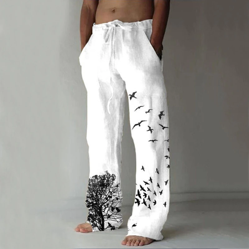

Men's Casual Pants Sweatpants Tree Bird Print Full Length Pants Pocket Drawstring Linen Trousers Men Oversized Jogger Trousers
