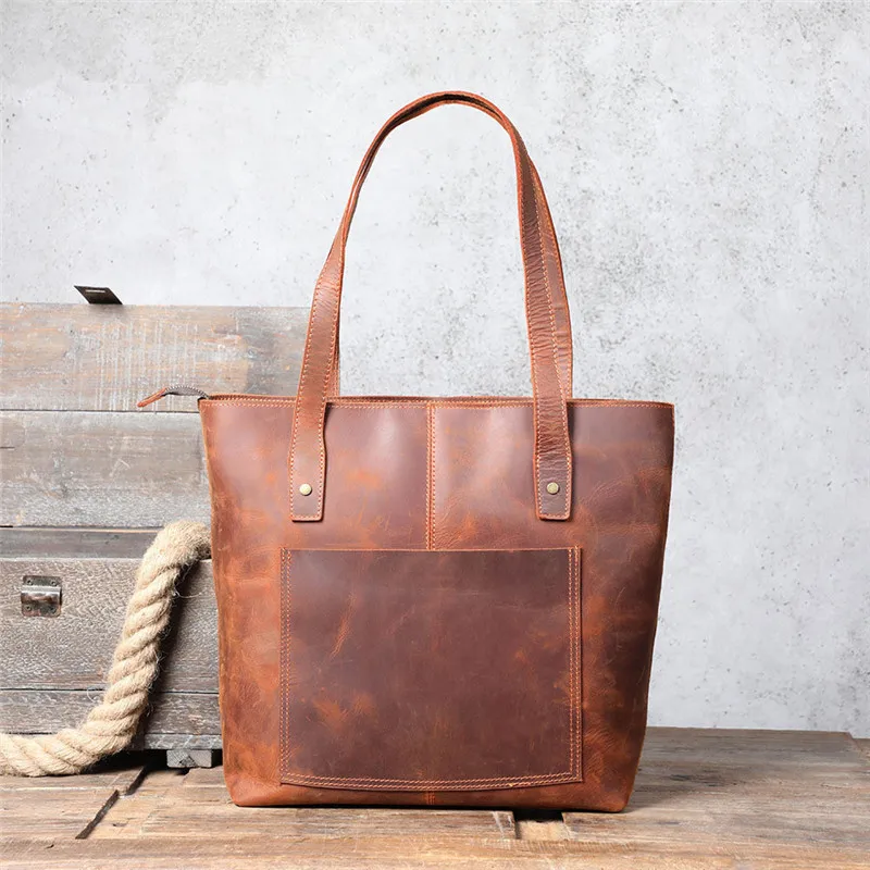 Simple vintage high-quality natural genuine leather men women tote bag casual crazy horse cowhide large-capacity laptop handbag