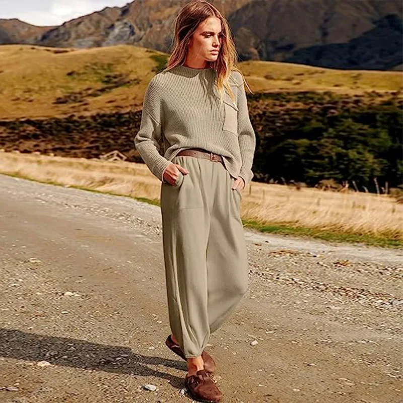 Повседневный вязаный свитер с длинными рукавами спортивные штаны костюм женские