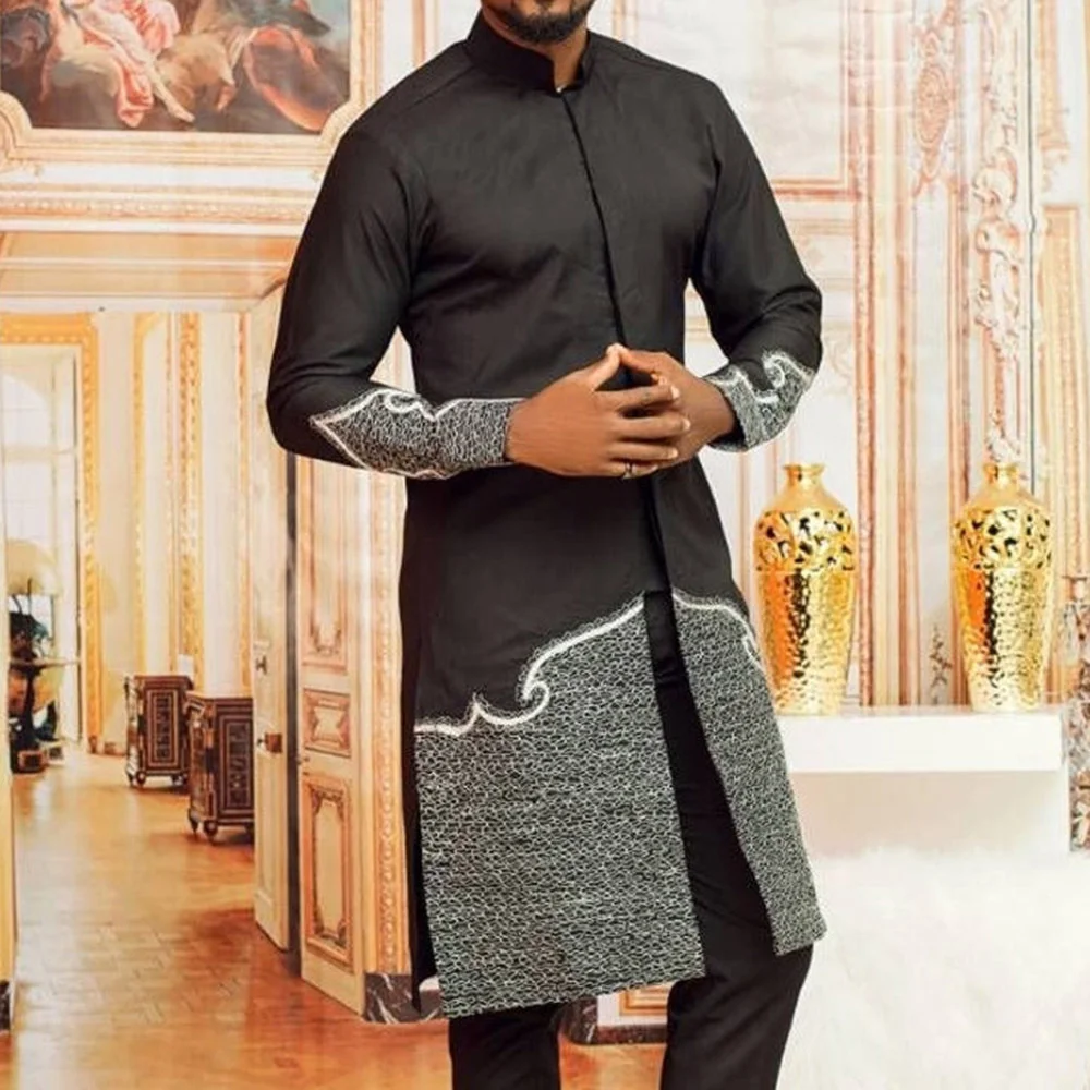 

Africa Top Men 2023 National Style Black Stand Collar Cotton Ordinary Slim Fit Casual Spring And Autumn Long Shirt Men Clothing