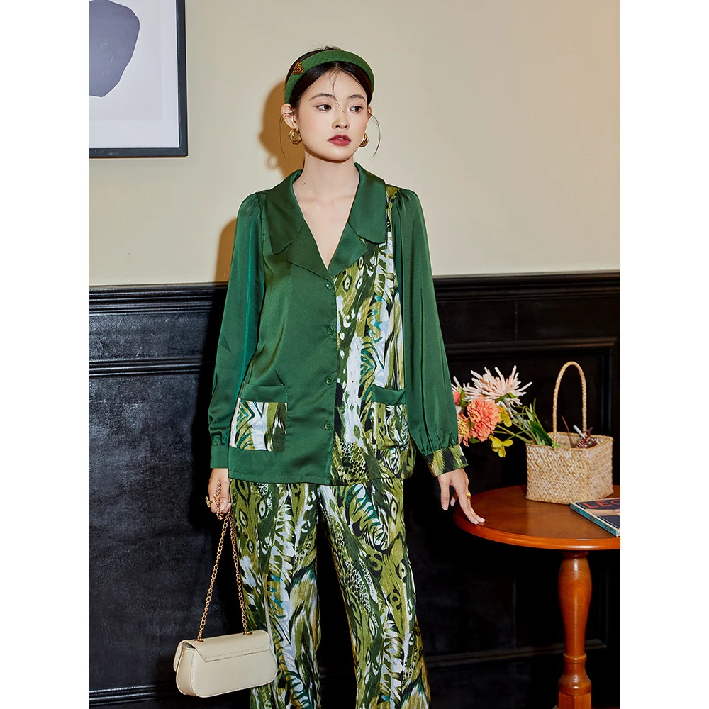 Maison Gabrielle 2022 Spring Summer Vintage Chinoiserie Printed Pajamas Set Loungewear Sleepwear for Women 2 Pieces Long Sleeve