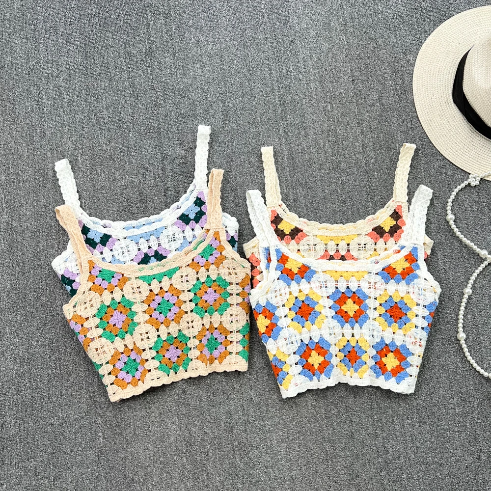 Винтажные вязаные майки и камисоль ажурные без рукавов топ с открытыми плечами