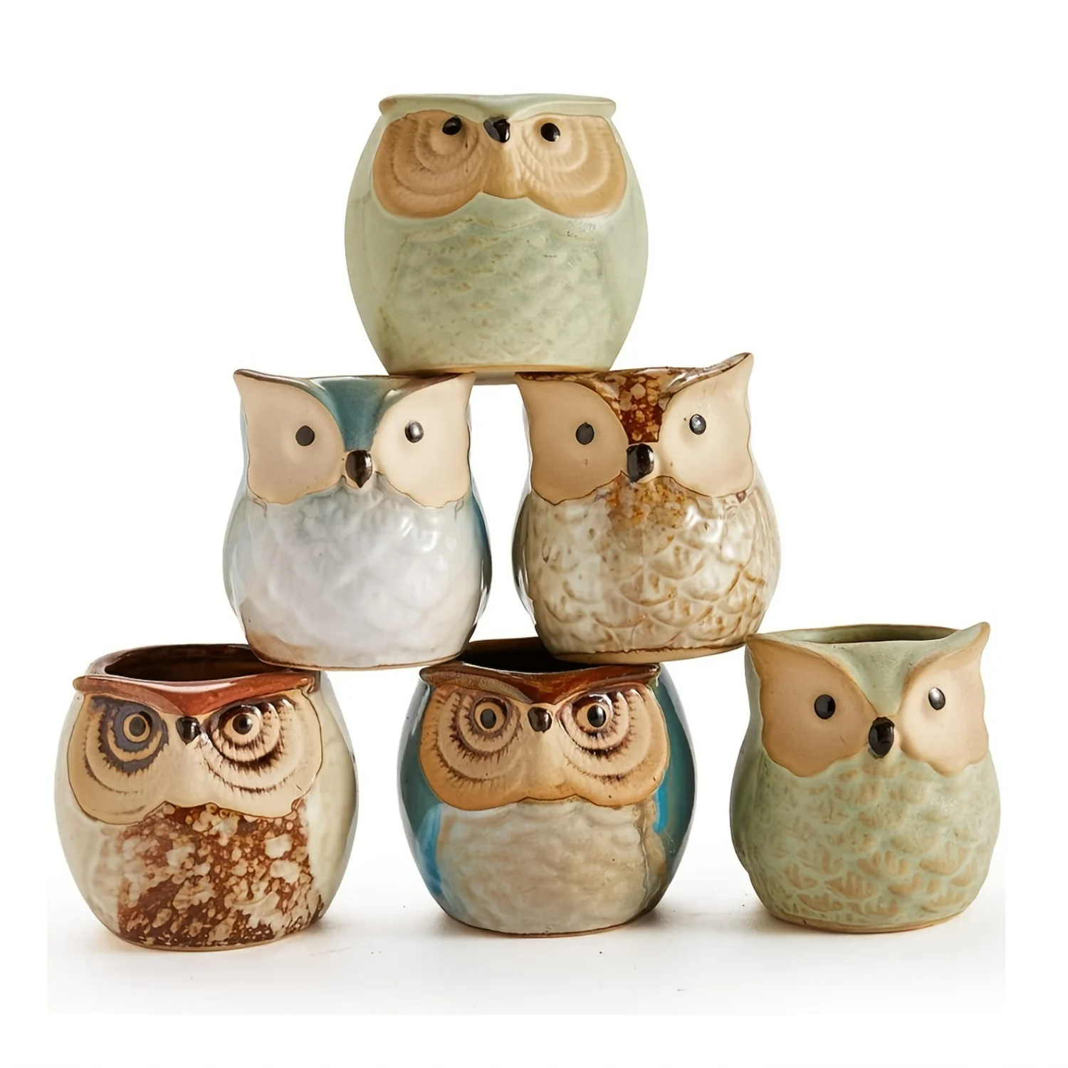 Набор из 6 керамических горшков в виде совы — сочные горшки с дренажными