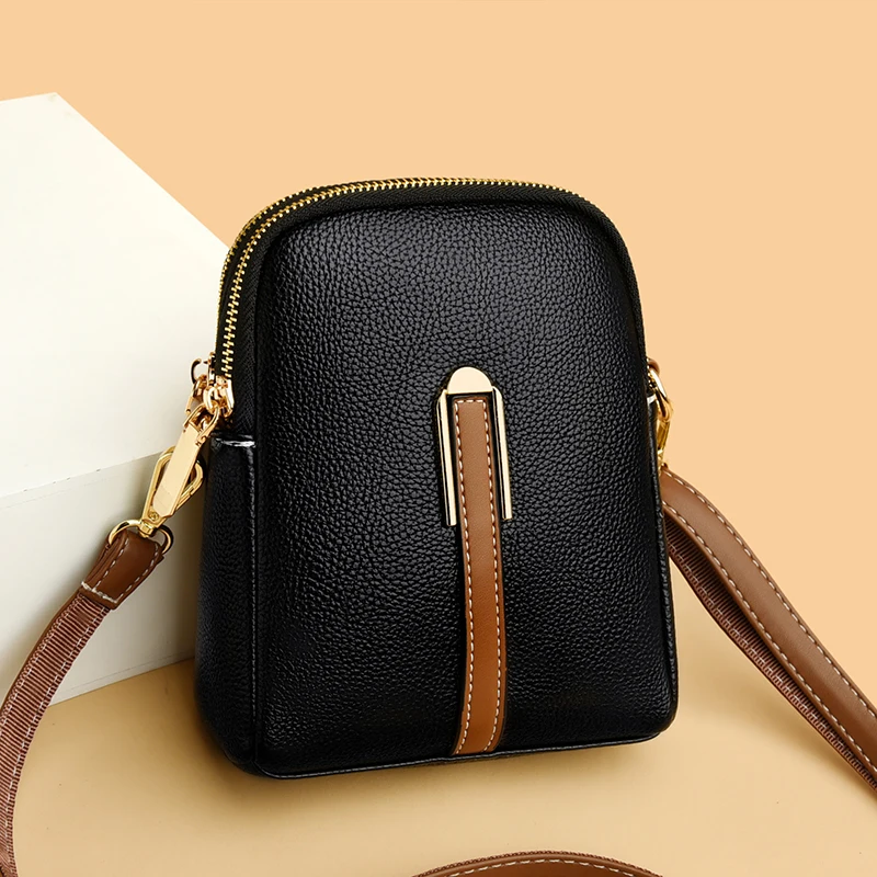 

Fashion Genuine Leather Shoulder Bag Women Small Solid Color Crossbody Bag Ladies Double Pockets Mobile Phone Bag Female Handbag