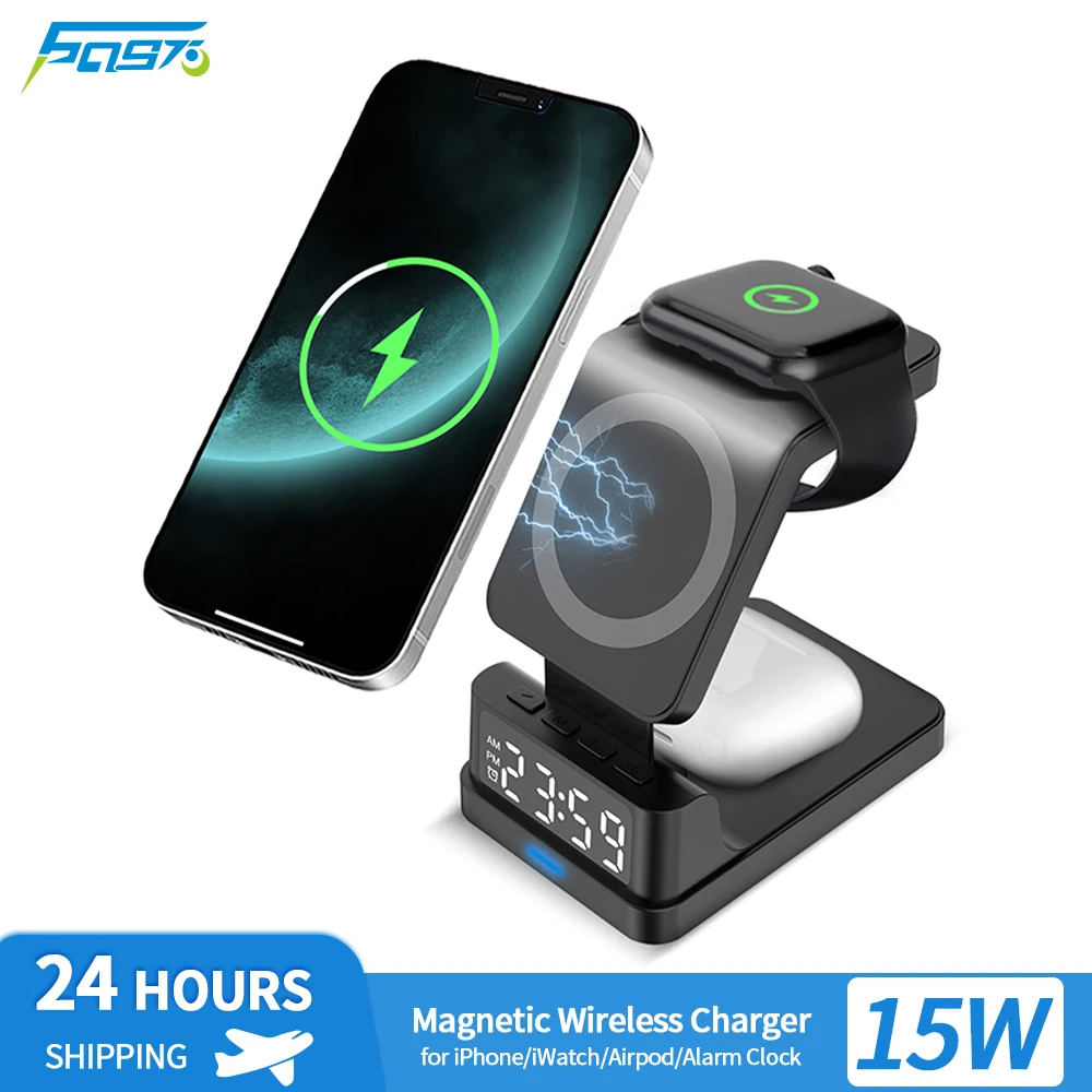 

4 in 1 Fast Charging Wireless Charger Stand for iPhone 12 13 14 Pro Max Airpods Apple Watch 15W Macsafe Quick Charg Alarm Clock