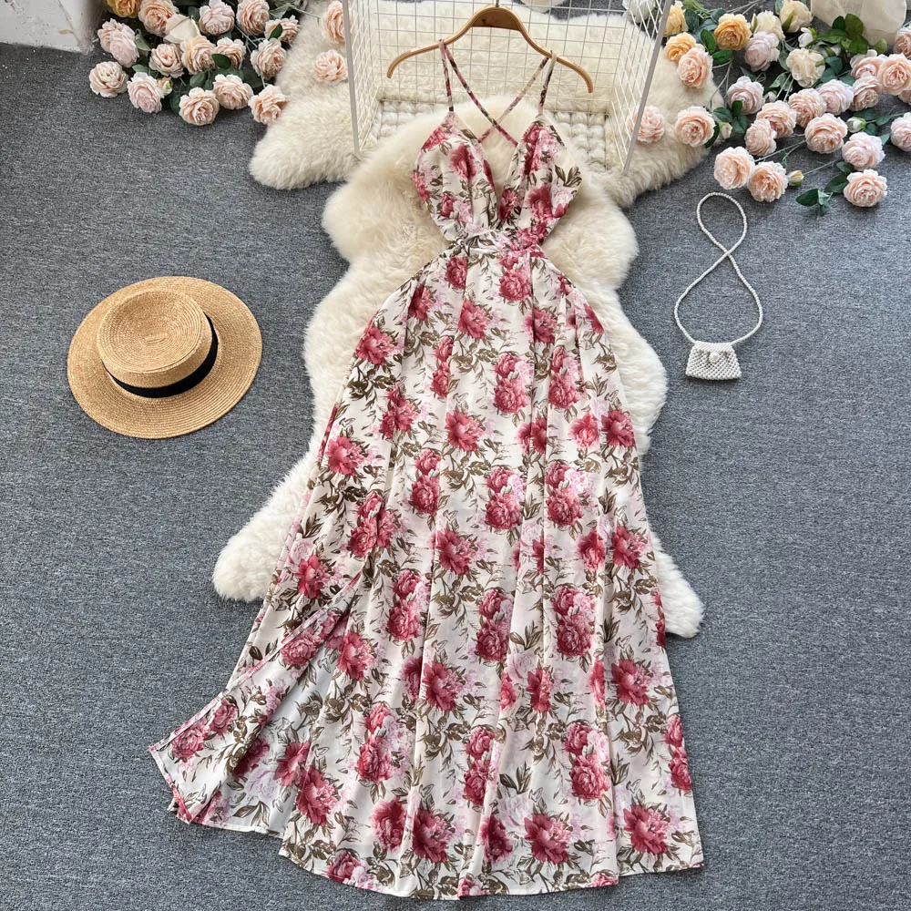

Платье женское пляжное с принтом, пикантное облегающее тонкое шифоновое длинное с перекрестными лямками на спине, для отпуска, лето