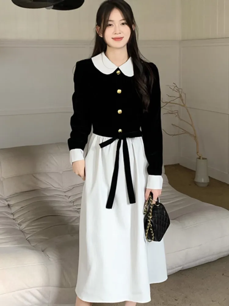 

Autumn Winter Trend Midi Dress Women Long Sleeve Peter Pan Collar Patchwork Vintage Elegant A-Line Vestidos Fashion Clothing