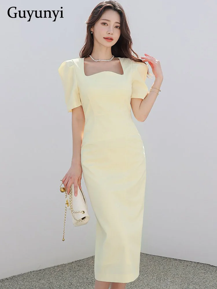 

Elegant Office Lady Dress 2022 Summer Black Light Yellow Simple Square Neck Puff Sleeves Career Party Women's Dresses