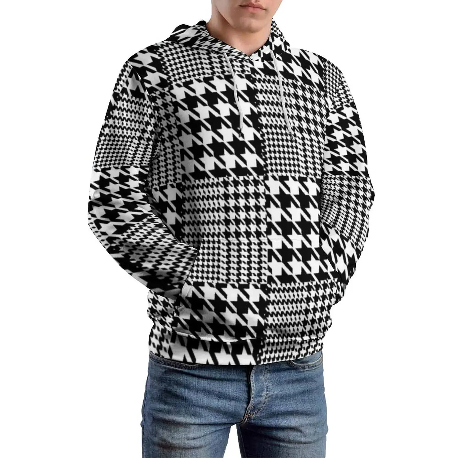 

Houndstooth Casual Hoodies Long Sleeve Black White Patchwork Y2k Hoodie Winter Streetwear Oversized Design Hooded Sweatshirts