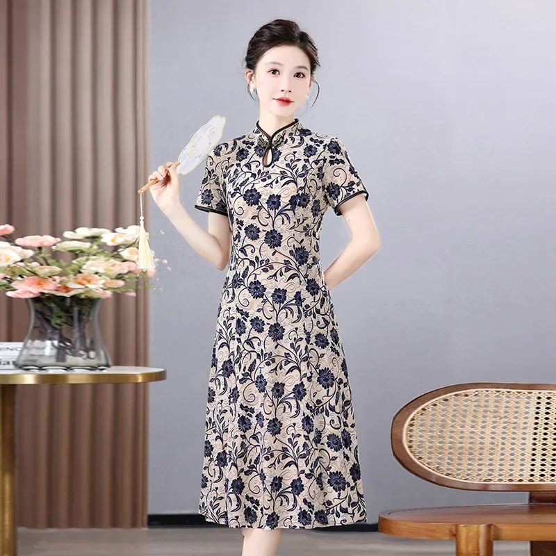 Винтажное улучшенное китайское платье летнее с коротким рукавом для женщин