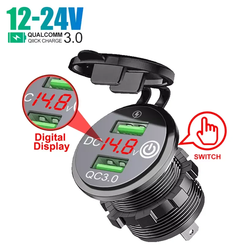 

Quick Charge 3.0 Dual USB Car Charger Socket Waterproof 12V/24V QC3.0 USB Fast Charger Socket Power Outlet with Touch Switch D5