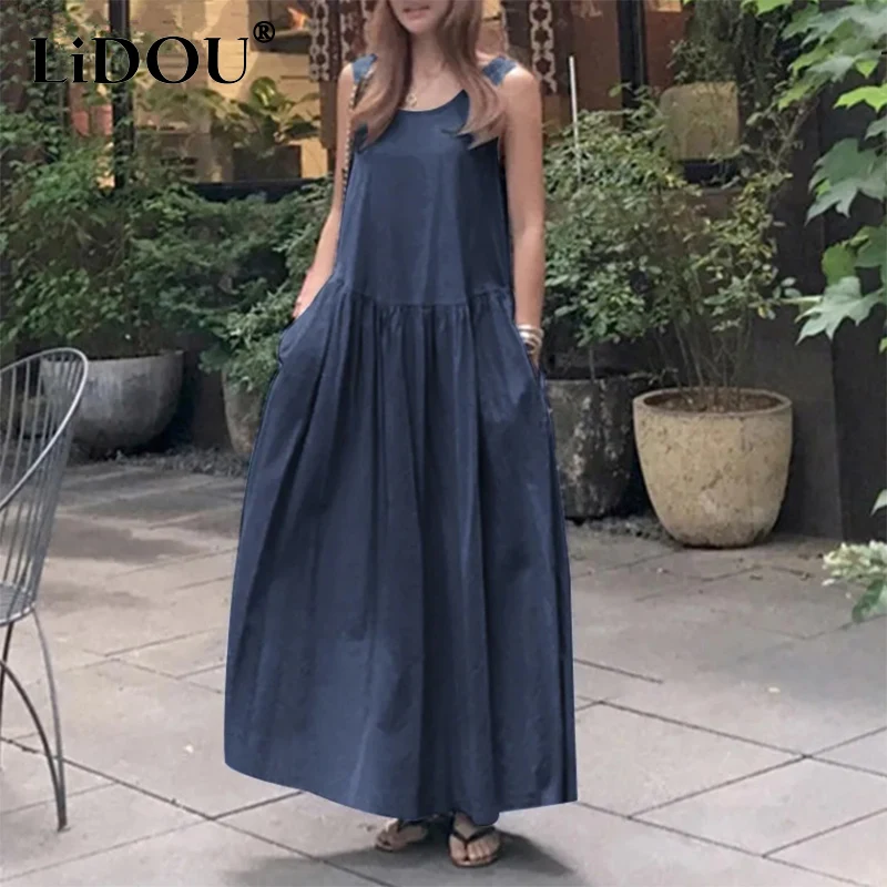 

2023 Summer Oversized Literary Vintage Tank Robe Ladies Loose Casual Cotton Linen Maxi Dress Vestidos De Fiesta Female Clothes