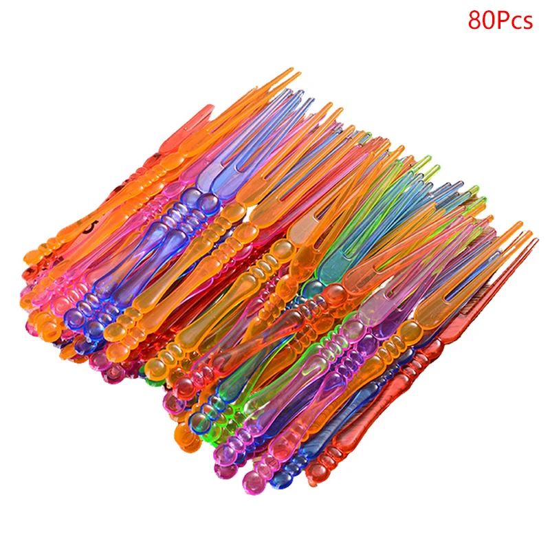 

80pcs Mini Color Transparent Disposable Forks For Party BBQ Sticks Picks Skewer Set Home Dining Plastic Food Cake Fruit Fork