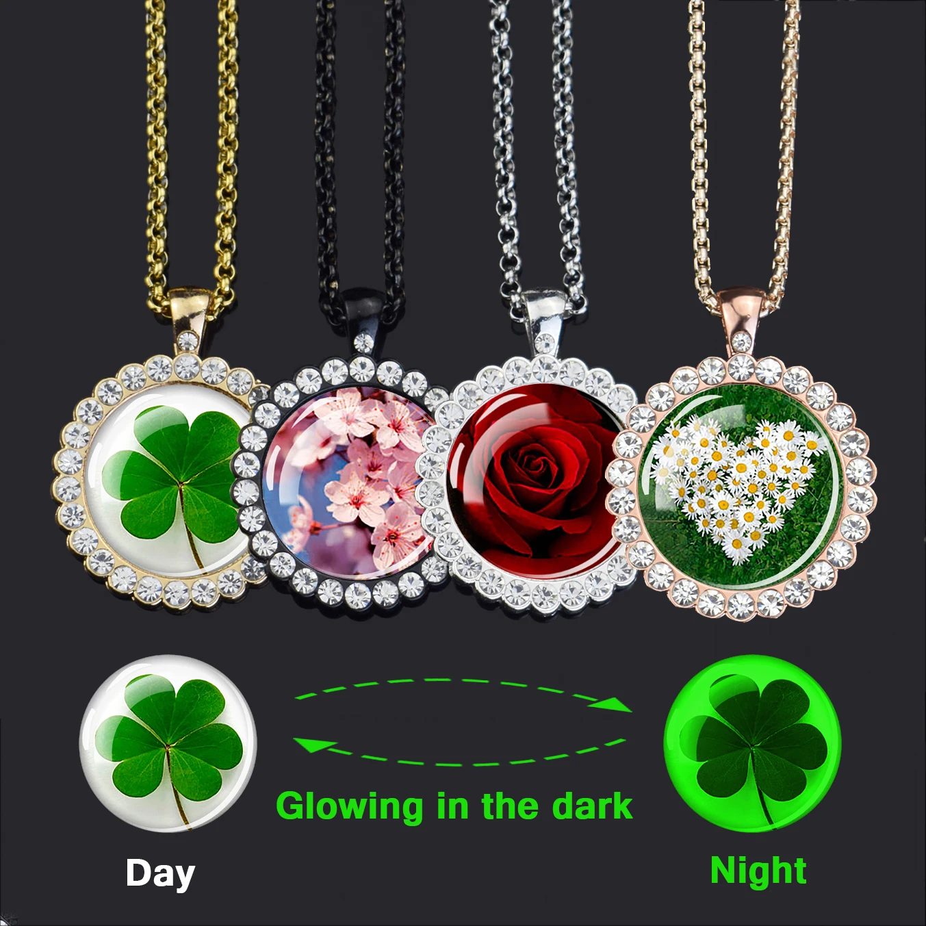 

Esspoc Charms Crystal Necklace Punk Black Chains Luminous Pendant Necklace for Women Men Gift Trendy Clover Jewelry Wholesale