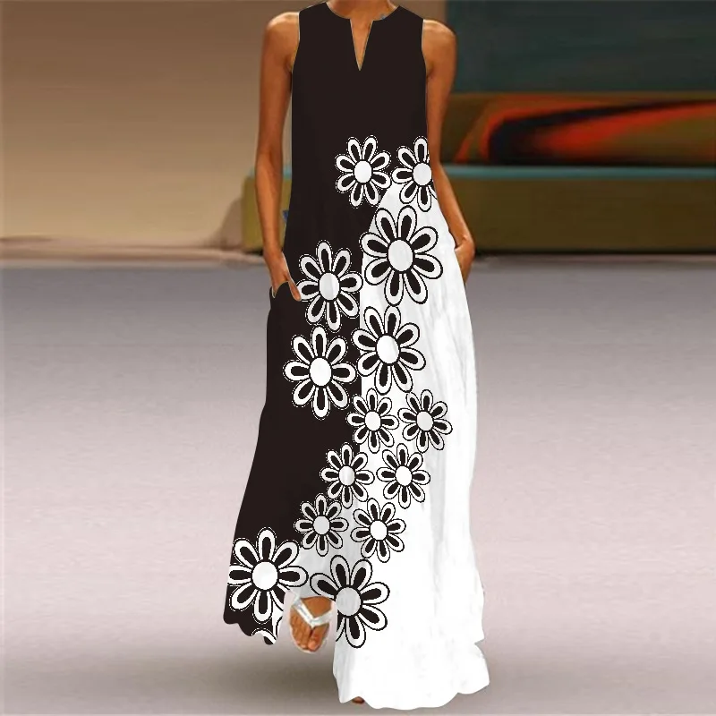 

Summer Elegant Dress Beach Casual Holiday Black White Floral Print Maxi Dresses Woman Sleeveless Loose Party Dresses Vestidos