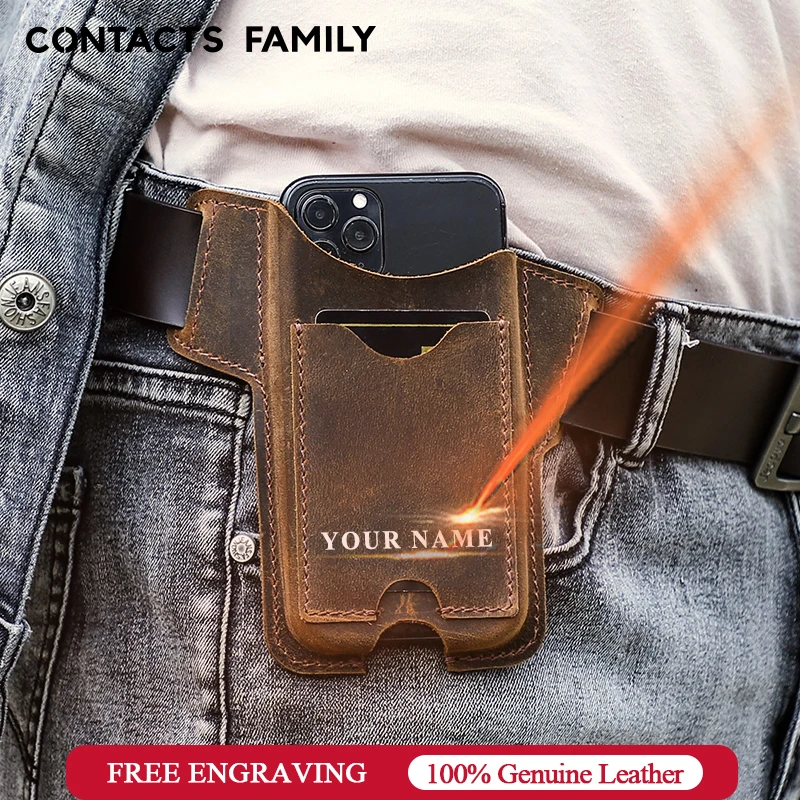 

CONTACTS FAMILY 100% Cow Leather Phone Case for iPhone 13 Pro Max 12 11 Men Cellphone Loop Holster Case Belt Waist Phone Bag