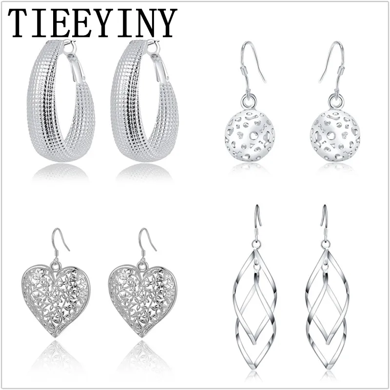 

TIEEYINY Hot Sale 4 Pair Earring Set 925 Sterling Silver Fashion Charms Earrings Women Wedding Jewelry Cute Lady Hot Gift
