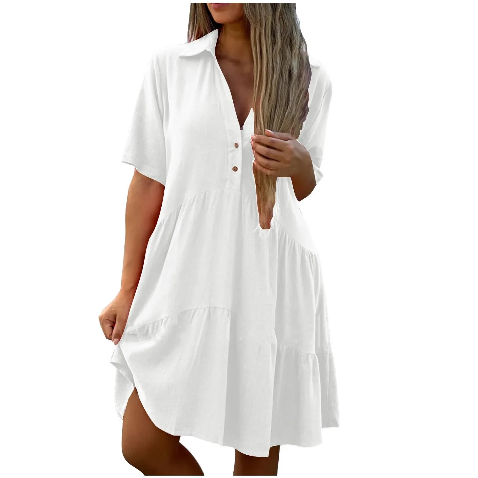 Сплошное цветное простое хлопково-льняное платье женское весеннее свободное с