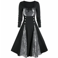 mandylandy lace stitching vintage dress high waist big swing contrasting color dresses v neck bandage long sleeve retro dress