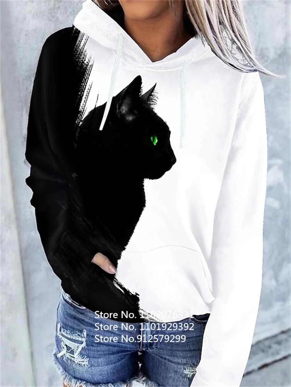 Women Cute Cat Hoodies Sweatshirt 2023 Fashion Printed Hooded Sweatshirt Casual Loose Long Sleeve Pullover Jacket