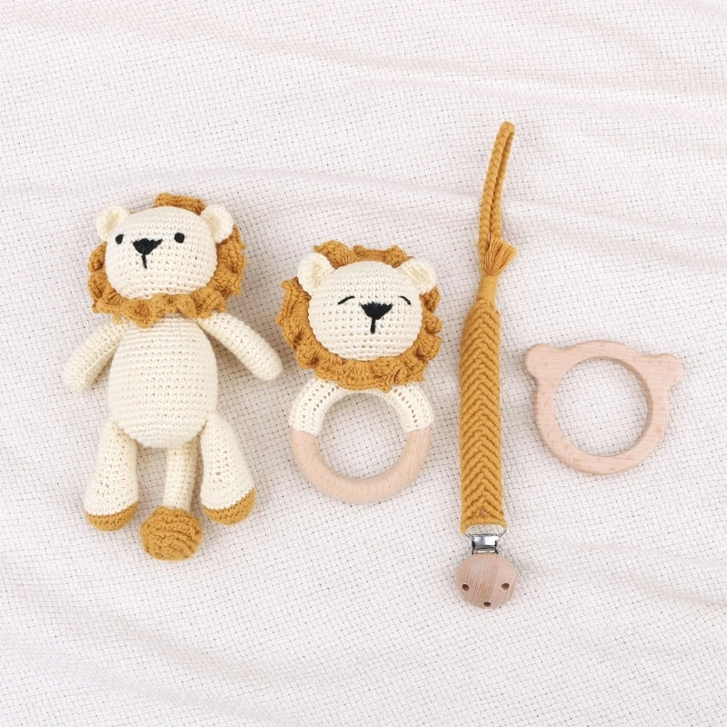 

Pacifier Chain Set Including Pacifier Clip Holder Baby Teether Raffle-Bell Crochet-Baby Lion-Doll Shower Gift for Infant
