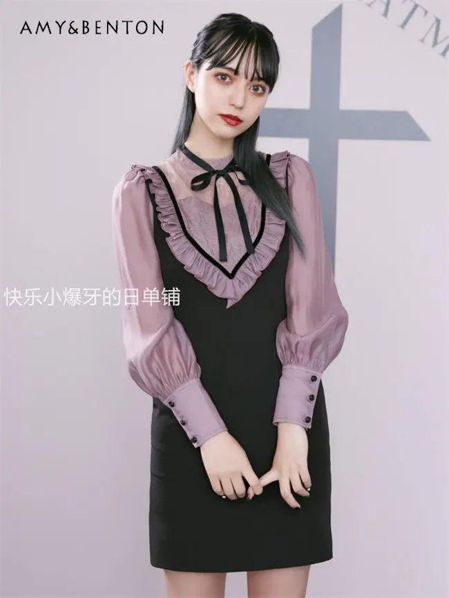 

Spring and Summer New Stand Collar Dress Women Long Sleeve Stitching Ruffled Dress Female Japanese Style Lolita Dress