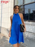 ttqv sexy halter blue satin summer dress ladies bodycon sleeveless backless mini dress elegant slim party dresses for women 2022