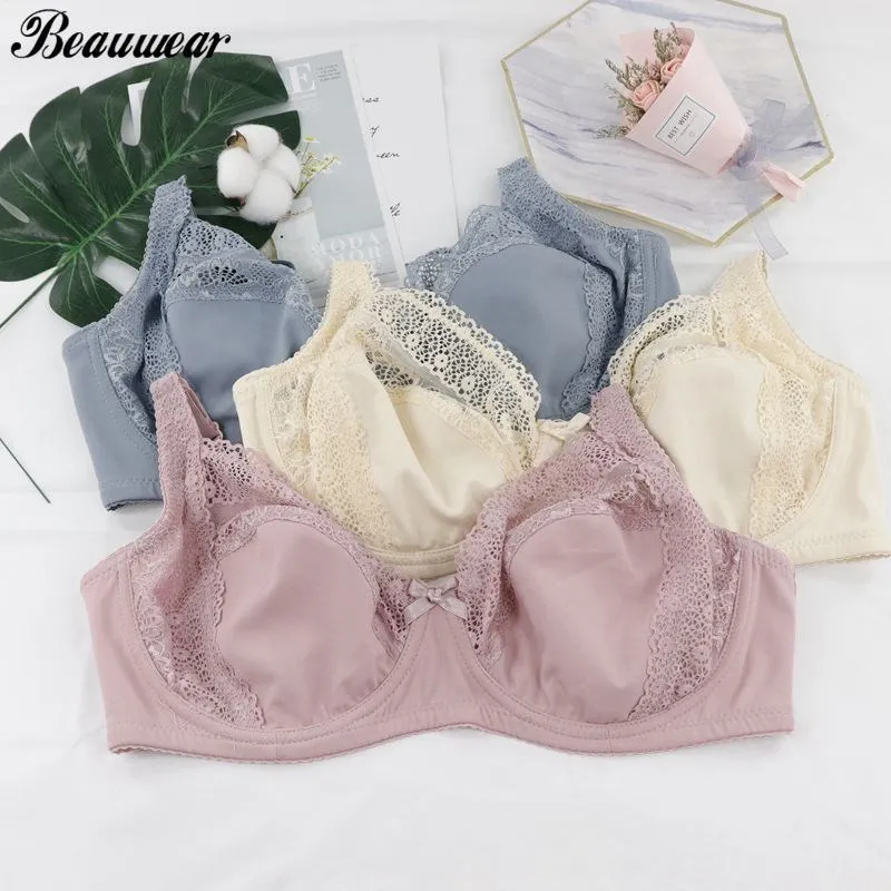 Beauwear Plus Size 36D-46F Women Sexy Bra Unlined Push Up Bras Thin Cup Floral Lace Emboridery Bh with 3 Hook and Eye