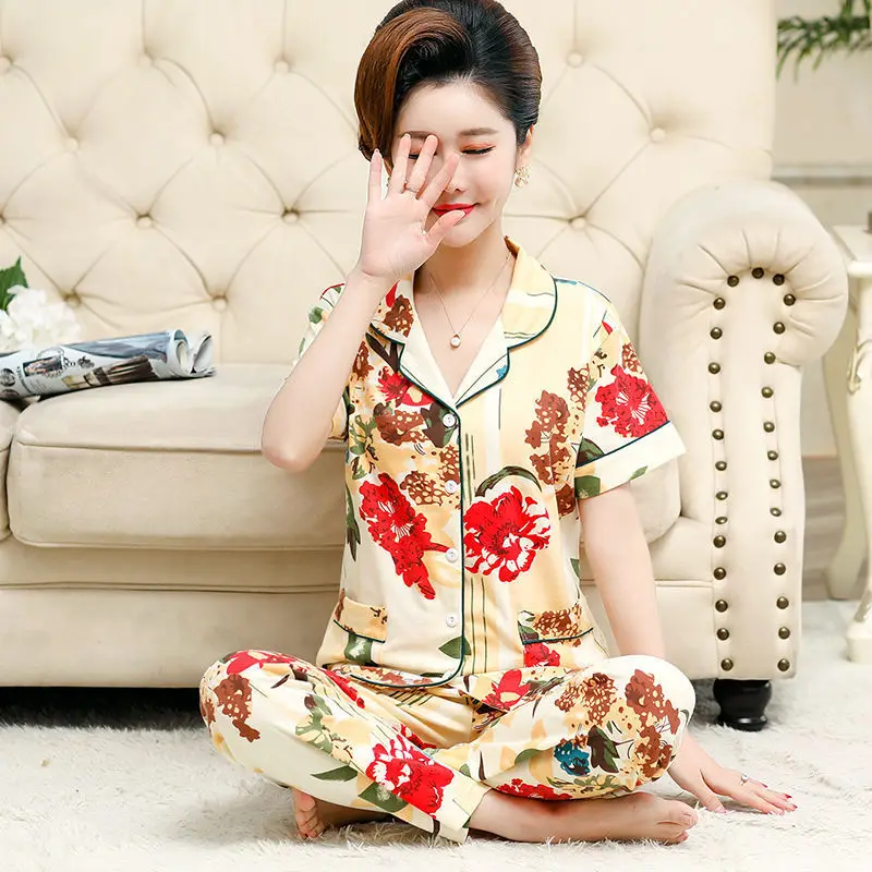 Женская пижама на пуговицах кардиган с принтом и брюки для женщин среднего