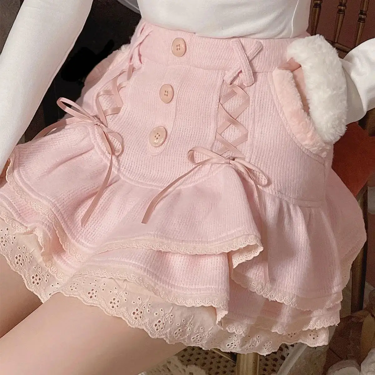 

Japanese Kawaii Lolita Mini Skirt Women Winter Lace Casual Elegant Sweet Female Skirt High Waist Bandage Korean Cake Skirt
