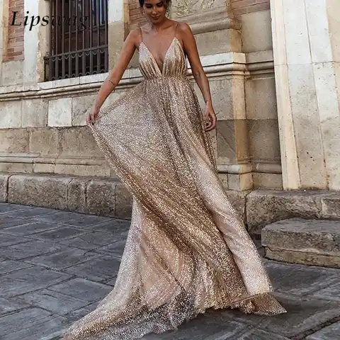 Fashion Sexy Sparkle Mesh Lace Evening Dress Elegant Deep V Neck Sling Long Party Dress Women Backless Loose Swing Maxi Dresses