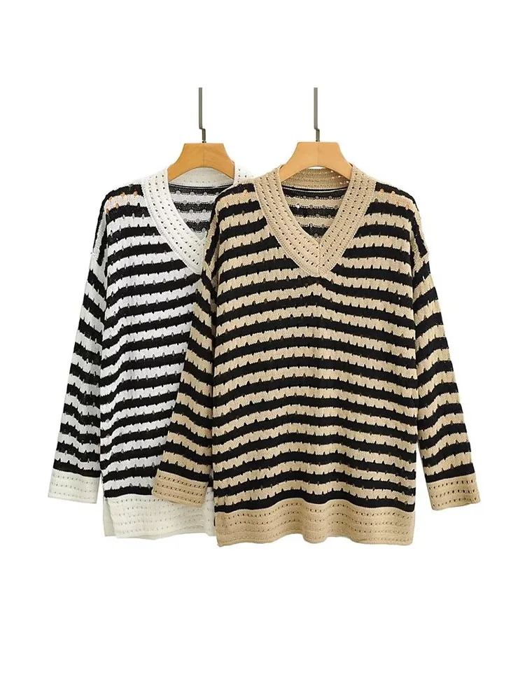 

2022 Autumn/Winter new women's minimalist style fashion V-neck striped hollow long-sleeved peplum knitwear