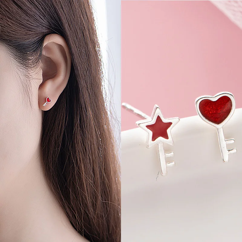 

Gothic 925 Sterling Silver Asymmetry Heart Star Stud Earrings for Women Grils Wedding Gift Female pendientes mujer moda