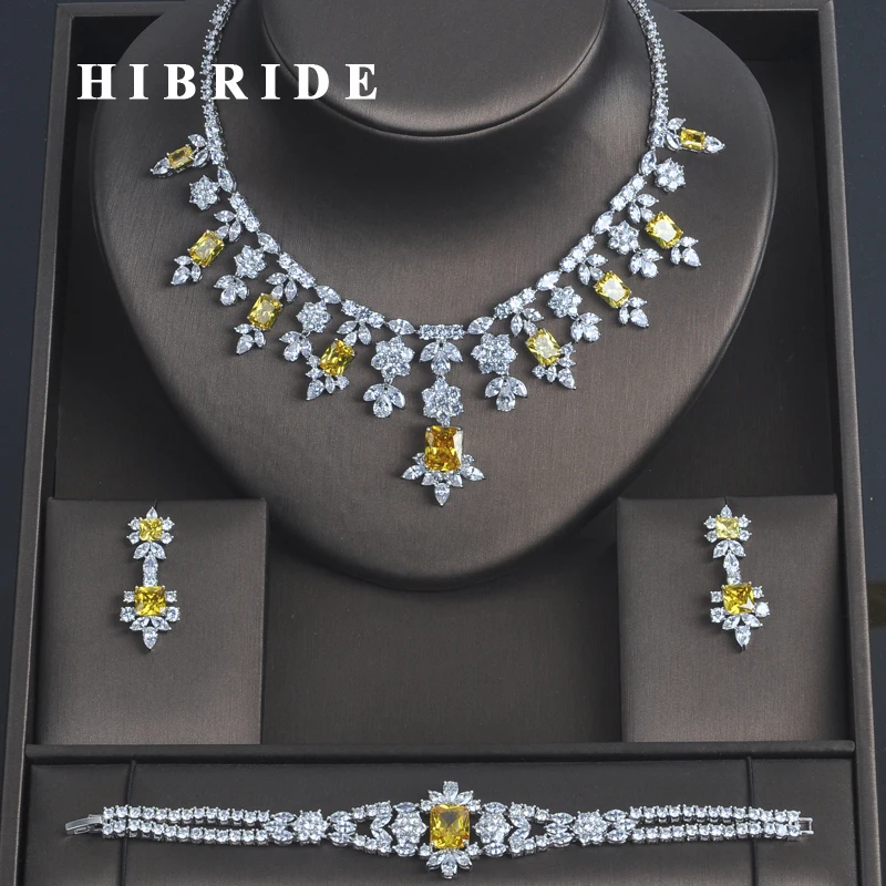 Fashion 3 PCS Luxury Yellow Cubic Zirconia  Women Jewelrt Sets Bridal Fashion Jewelry Wedding Party Necklace Set N-335
