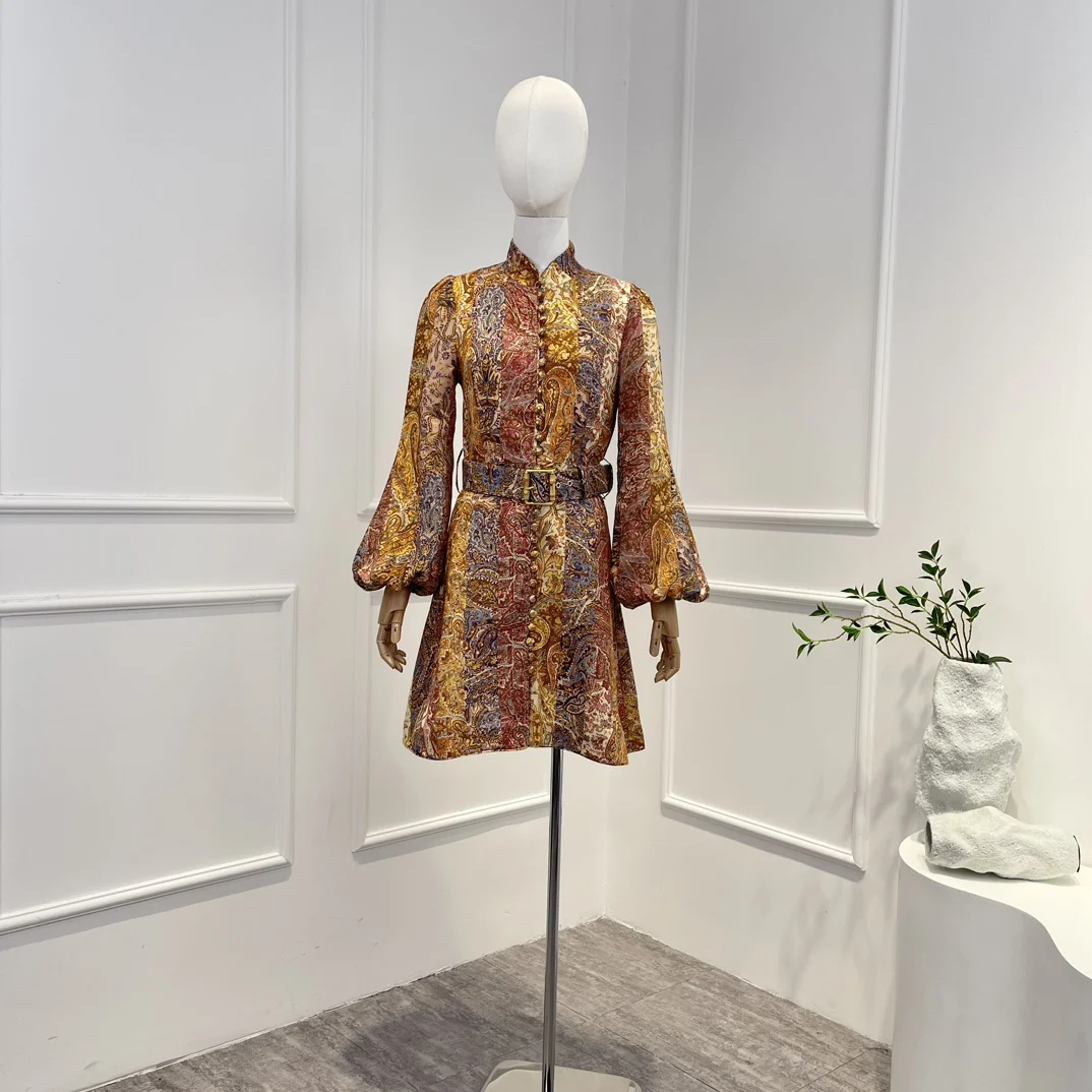 

2023 New Arrivals High Quality Vintage Paisley Print Long Lantern Sleeve Buttons Belt Women Mini Dressed
