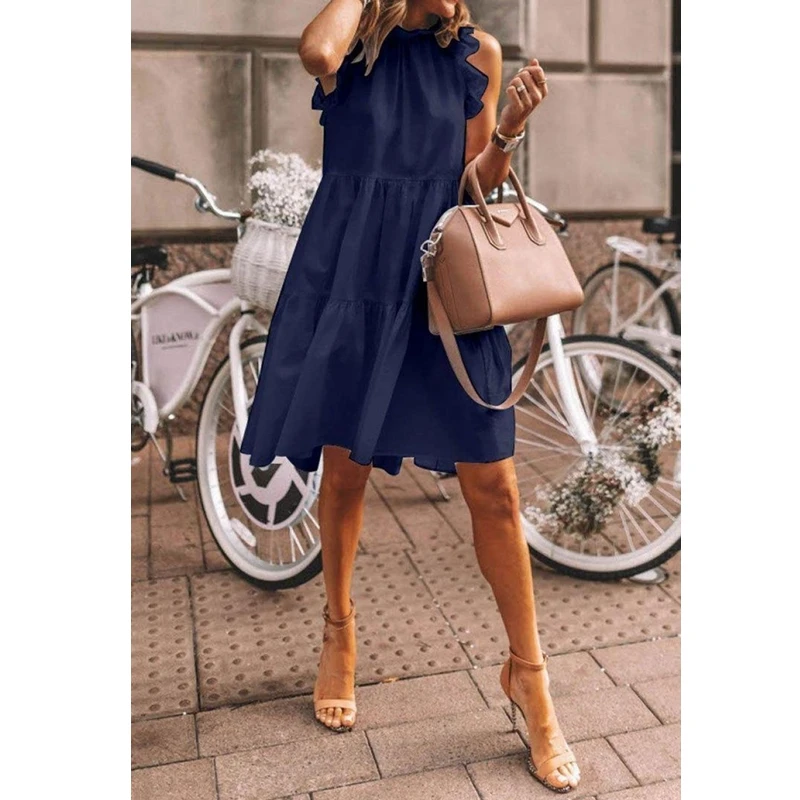 

Женское Повседневное платье без рукавов, свободное однотонное платье до колена с оборками и круглым вырезом, летнее Повседневное платье