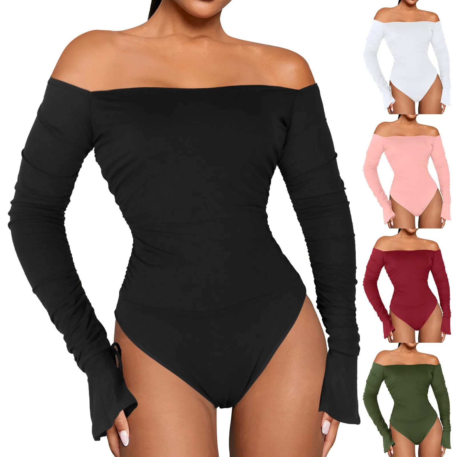 

Женский модный однотонный ребристый расклешенный комбинезон с длинным рукавом и открытыми плечами, женский комбинезон, соблазнительный ко...