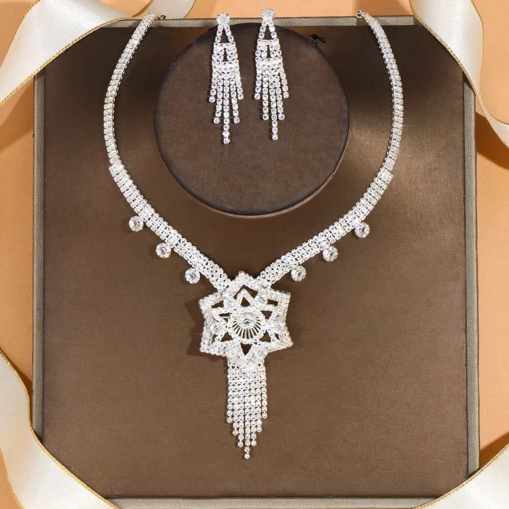 Stonefans Star Tassel Rhinestone Earrings Necklace Set for Women Luxury Wedding Round Crystal African Jewelry Set Bridal Gifts