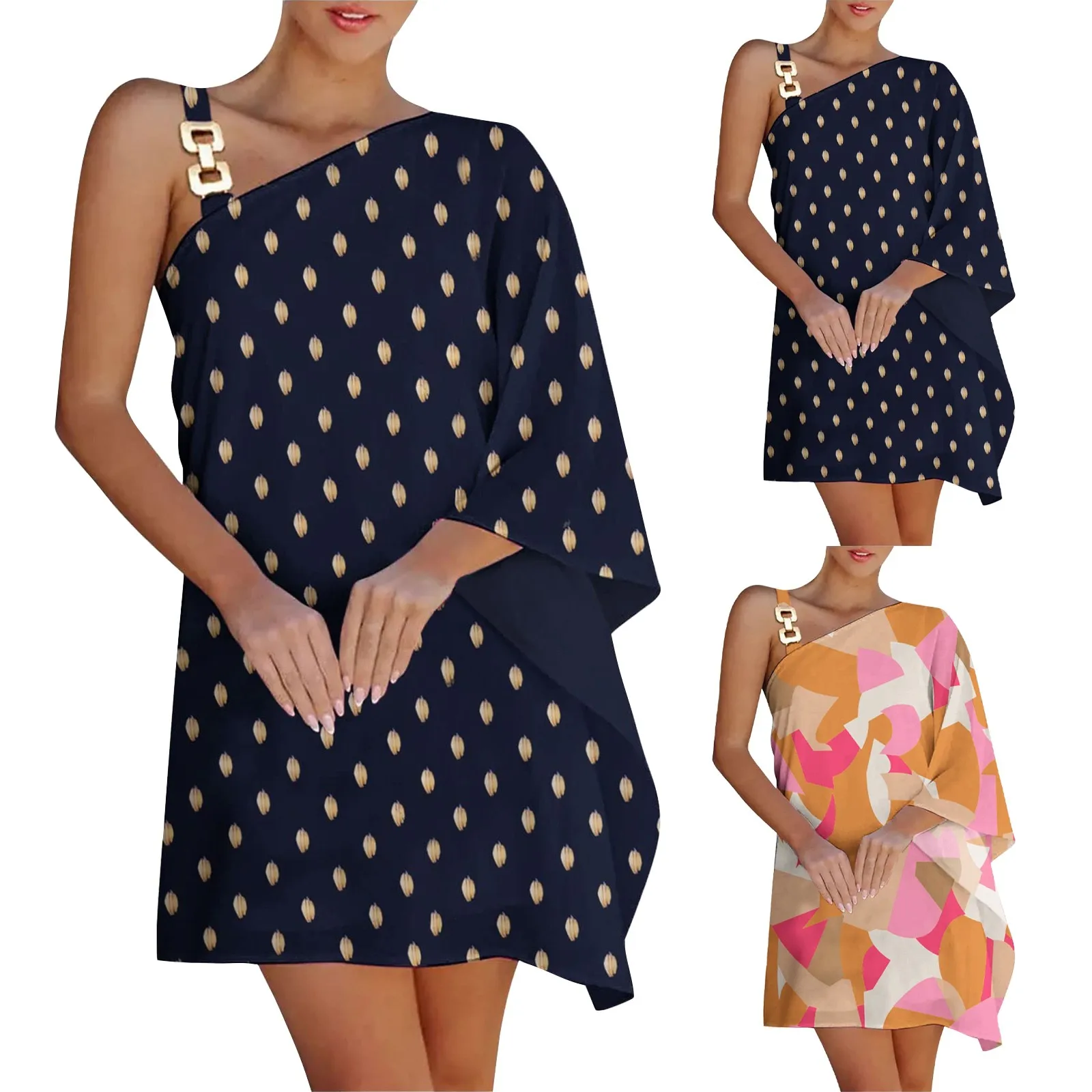 

Summer Dress For Women One Shoulder Half Bat Sleeve Print Casual Dresses Loose Metal Strap Beach Mini Sun Dress