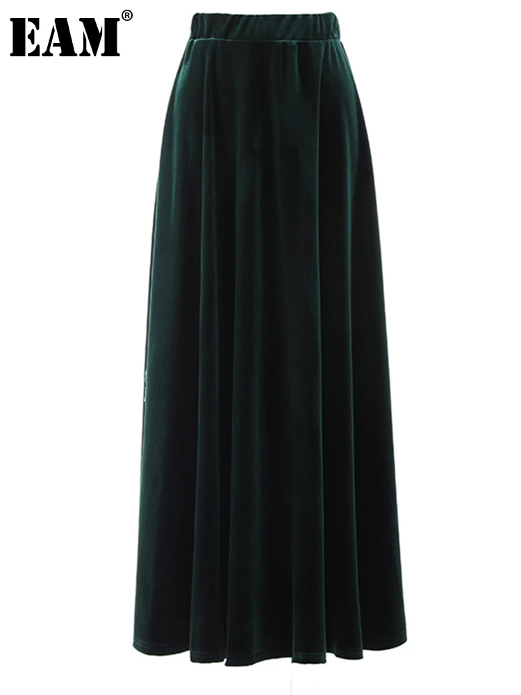 

[EAM] High Elastic Waist Dark Green Velvet Long Elegant Half-body Skirt Women Fashion Tide New Spring Autumn 2022 1DE2898