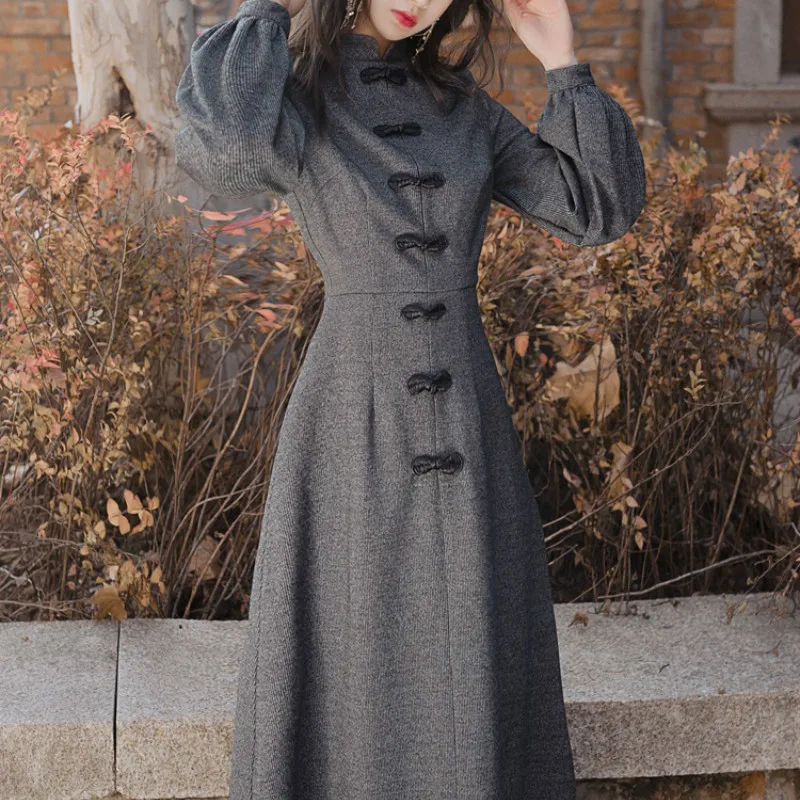 

Платье-Ципао женское с воротником-стойкой, элегантное модное приталенное Макси-Платье с китайским рукавом-фонариком, в винтажном стиле, осень-весна