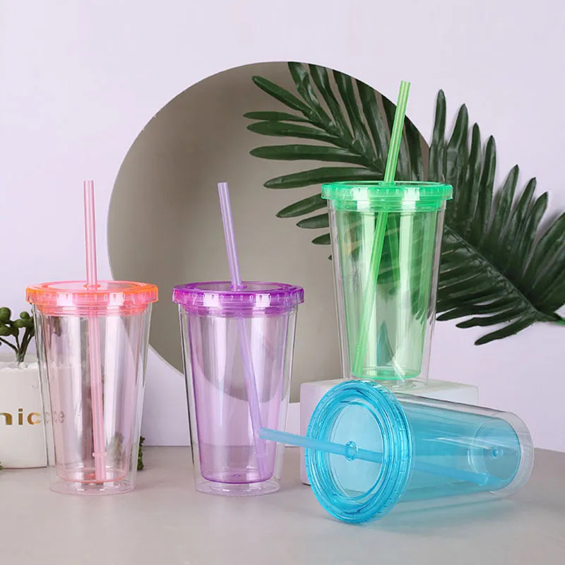 Reusable Portable Transparent Double-layer Water Bottle Colorful Tumbler with Straw For Coffee milk Smoothie Cup Drinkware 16OZ