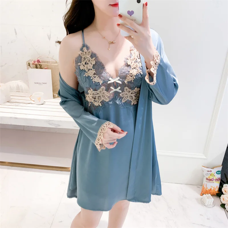 

Rayon Women 2 Pieces Robe Set With Appliques Spaghetti Stap Nightgown Satin Lace Trim Sleepwear Summer V-Neck Kimono Bath Gown