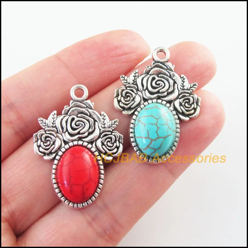 

Fashion 6Pcs Retro Tibetan Silver Tone Flower Oval Blue&Red Stone Charms Pendants 23x32mm