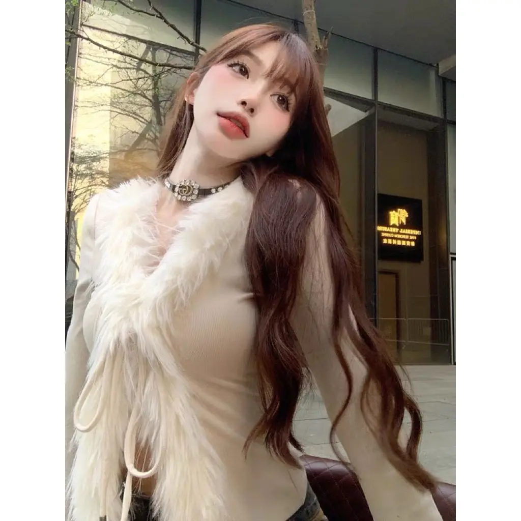 

Solid Color Fur Knitted V-neck Tie Cardigan Women Clothes Cropped Fashion Hot Girls Y2k Tops Korean Atmosphere Slim Fit T-shirt