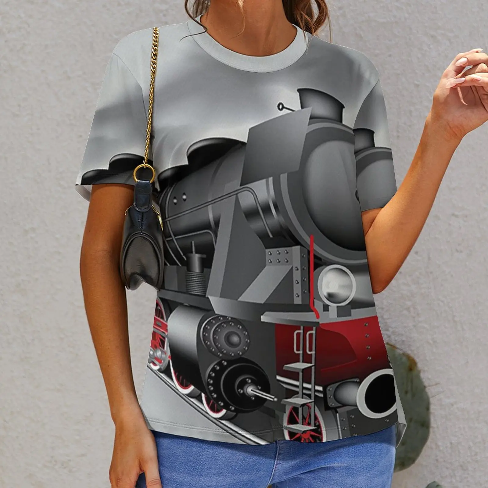 

Locomotive Red Black Train on Steel Railway Track Travel Adventure Graphic Print Hot Sale Tshirt High Quality Travel USA Size
